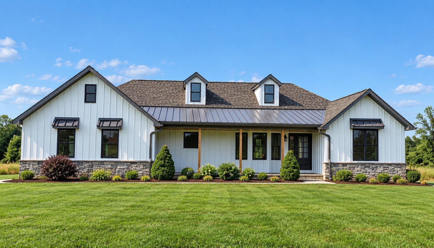 Completed home with a shingle roof, standing-seam metal porch roof, and board-and-batten siding
