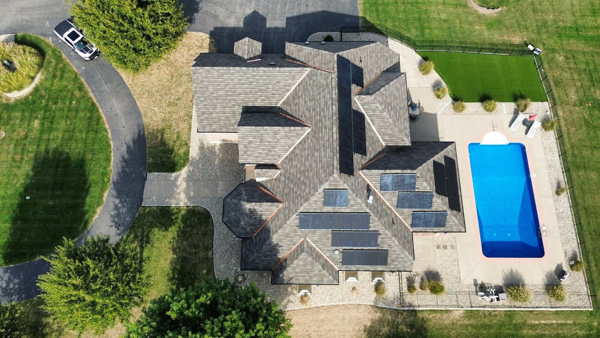 Completed residential roofing project — aerial roof view